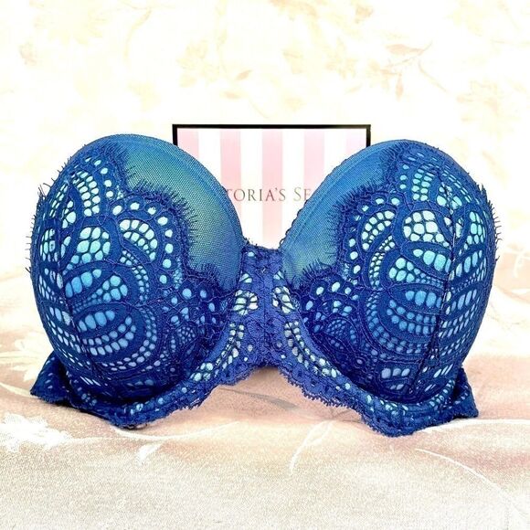 BLUE LACE ON BLUE DREAM ANGELS STRAPLESS BRA 32DDD - Picture 1 of 7
